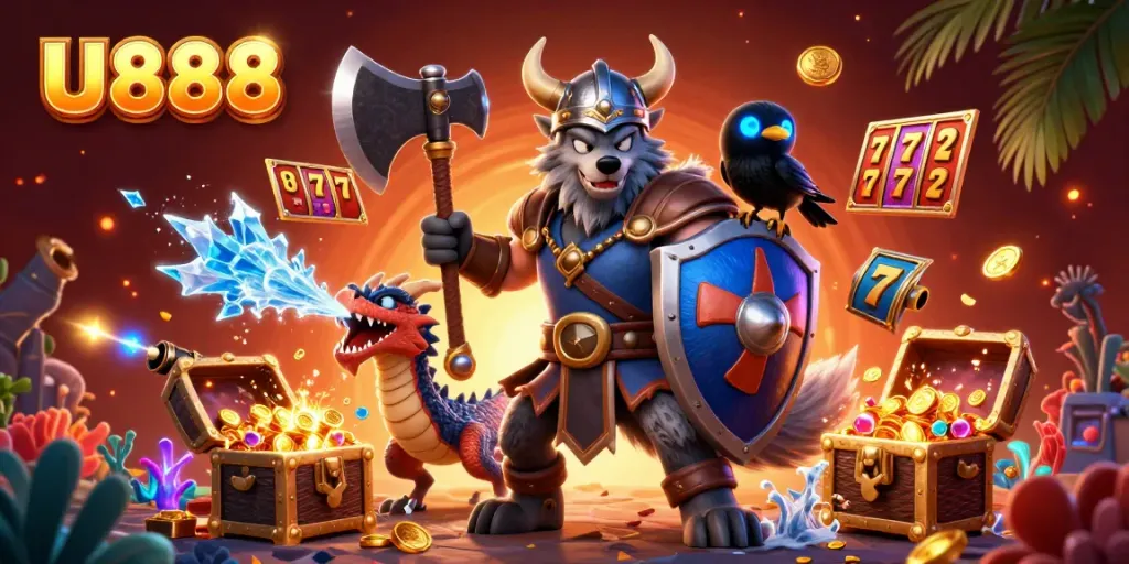 Engage with U888 at an exhilarating casino scene featuring a Viking wolf warrior, fierce dragon, and playful raven.