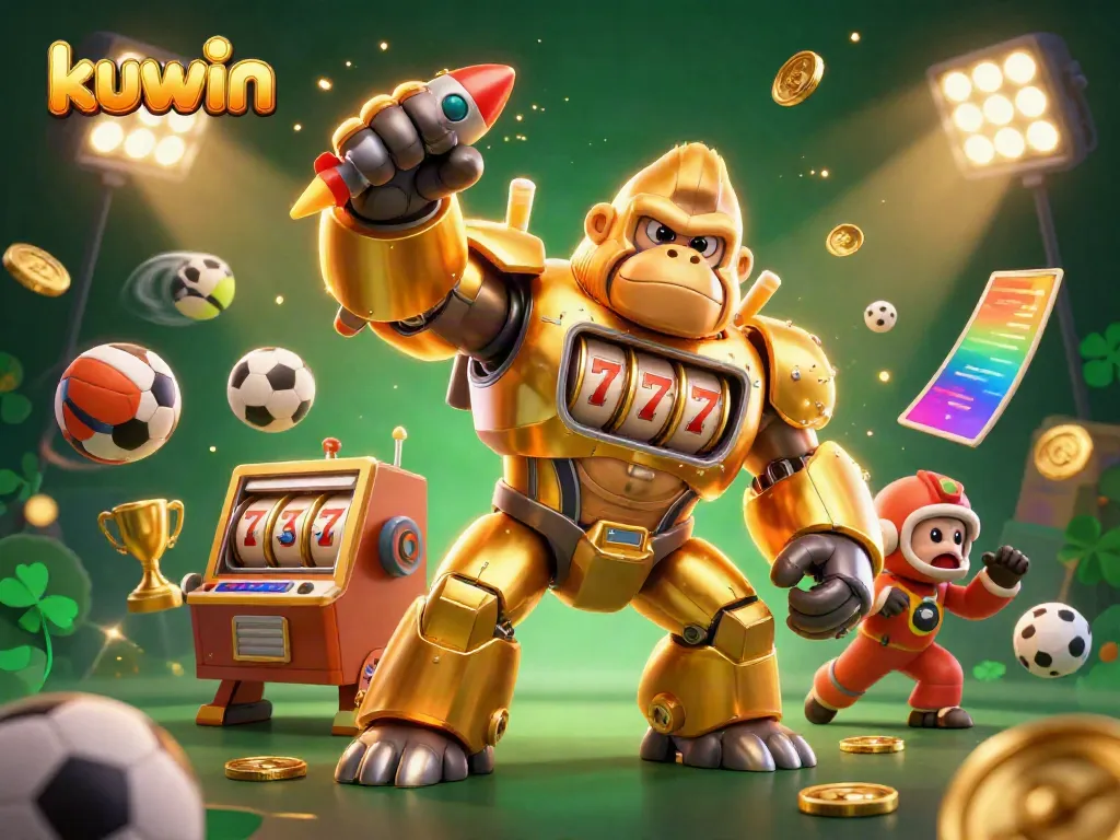 Kuwin transforms the gaming experience with dynamic visuals of a golden gorilla mech and sports elements.
