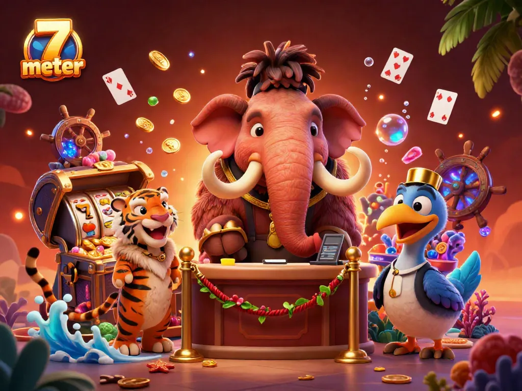 Experience the excitement of 7 meter casino with a dynamic 3D scene featuring a bouncer, VIP guest, and vibrant game elements.