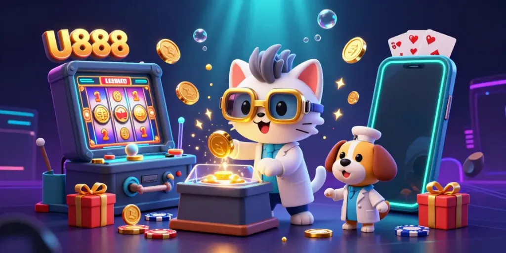 Engage with U888's casino experience featuring a mad scientist cat and dog in a vibrant gaming lab.