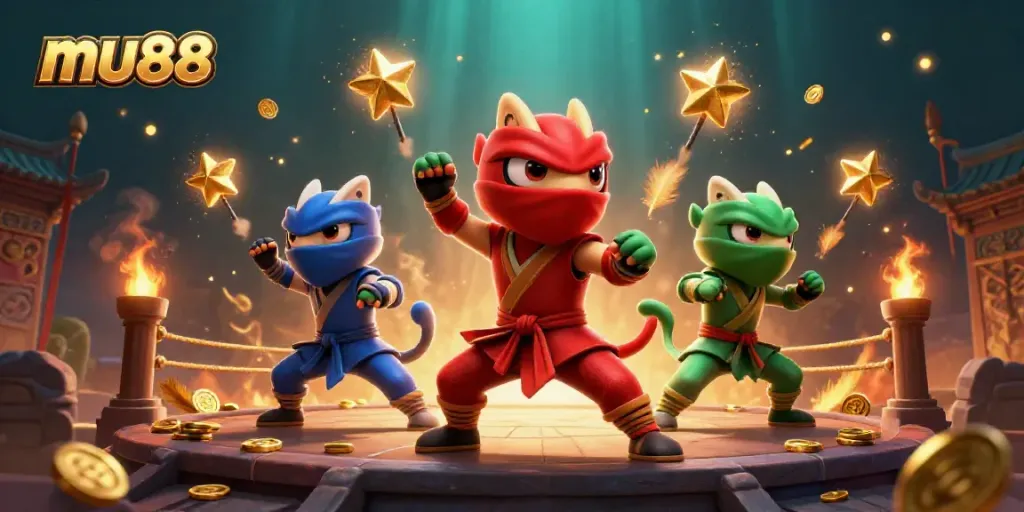 Experience thrilling action at mu88 with 3D ninja chameleons showcasing martial arts and casino elements.