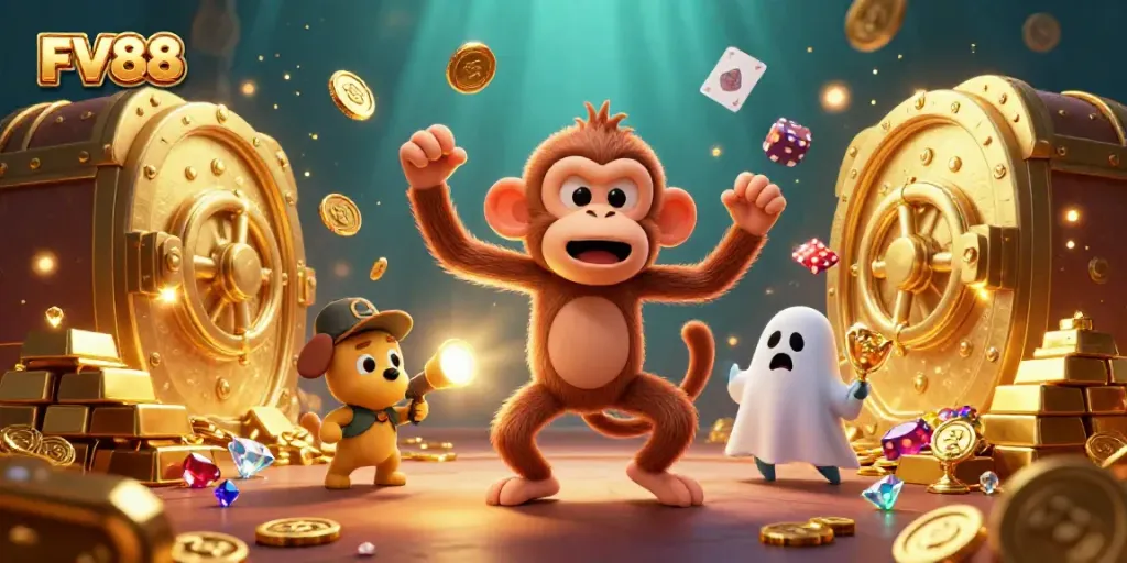 Engage with FV88: a whimsical scene of a mischievous monkey and brave puppy in a vibrant casino.