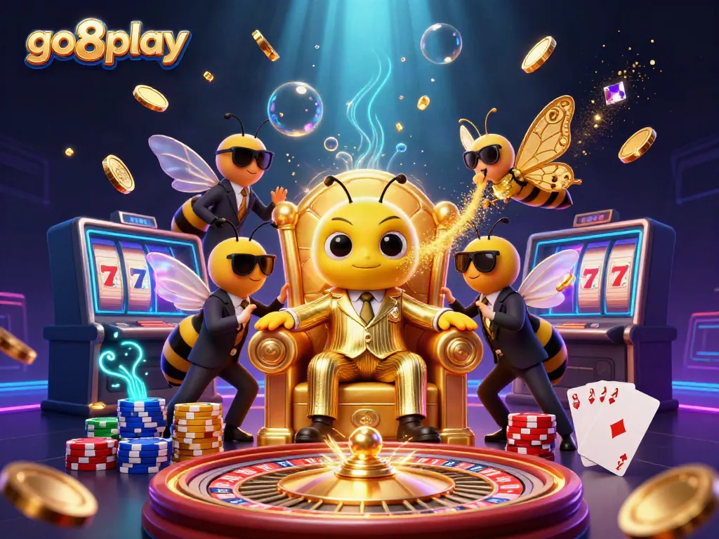 Experience the excitement of go8play with dynamic casino elements and a vibrant 3D cartoon scene.