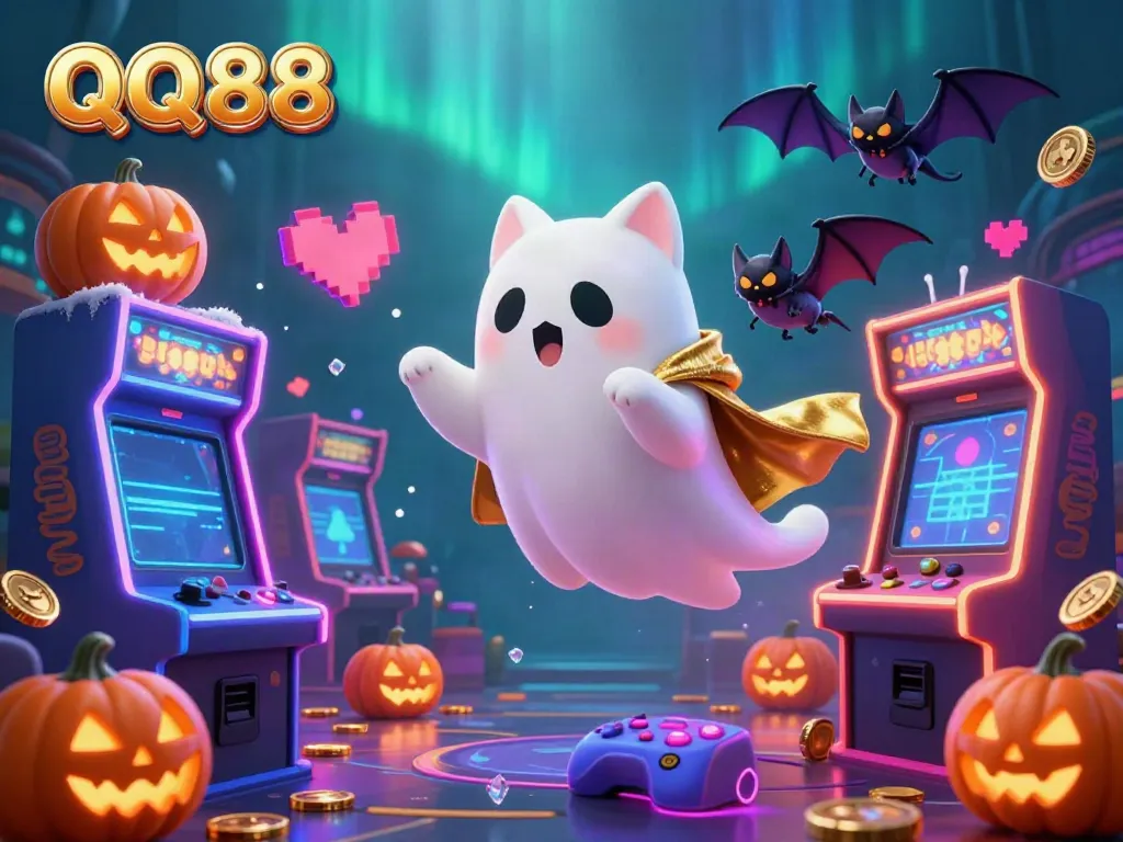Experience exciting gaming action at QQ88 with a ghost cat and bat in a vibrant casino scene.