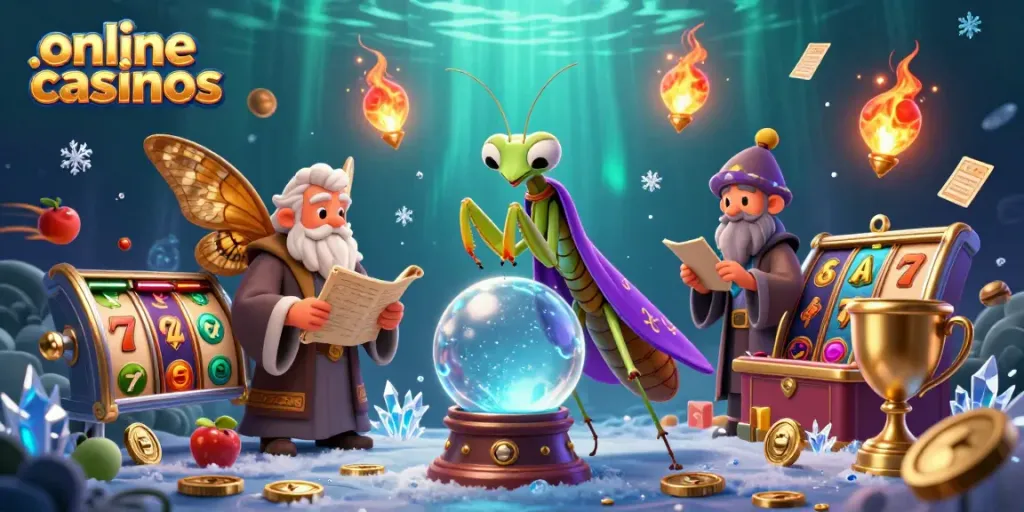 Experience the magic of online casinos with an engaging scene featuring a fortune teller and symbols of Casino games.