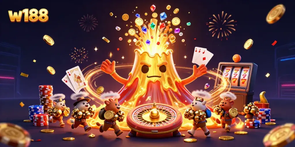 Experience the excitement of winning at w188 with a vibrant casino-themed illustration featuring dynamic characters and game elements.