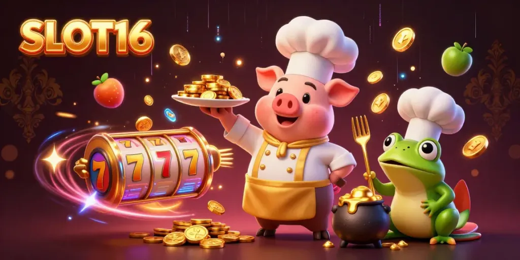 SLOT16 visualizes a gourmet slot game experience with unique characters and dynamic elements.