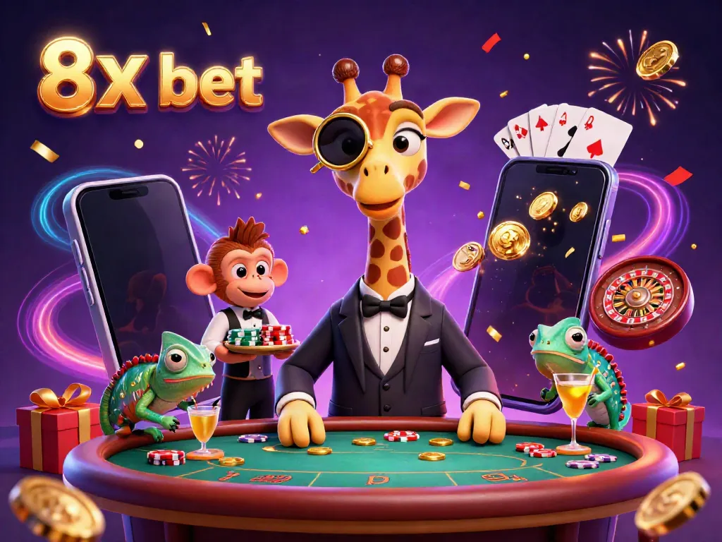 Experience thrilling gaming at 8x bet with vibrant characters and casino elements celebrating wins.