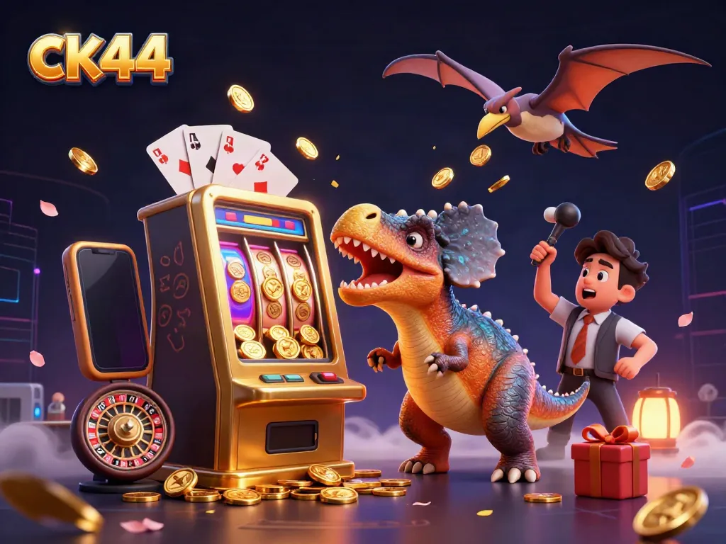 Experience the thrill of ck44 as cartoon dinosaurs engage in a vibrant casino jackpot scene.