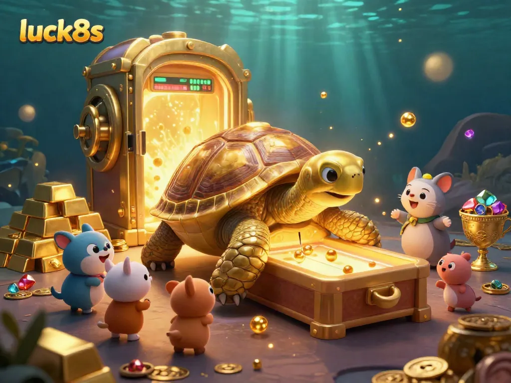 Experience exciting gameplay at luck8s with vibrant illustrations of a golden tortoise pinball machine surrounded by treasures.