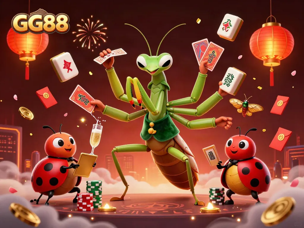 Experience GG88 excitement with a giant praying mantis card sharp, ladybug pit boss, and festive casino atmosphere.