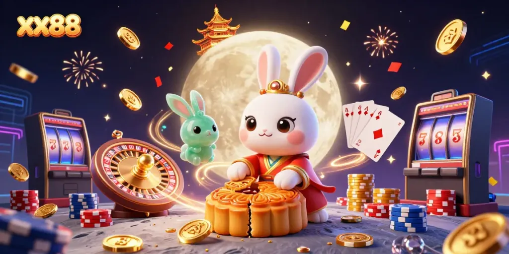 Experience the excitement of xx88 with a lively casino scene featuring folklore characters, coins, and poker elements.
