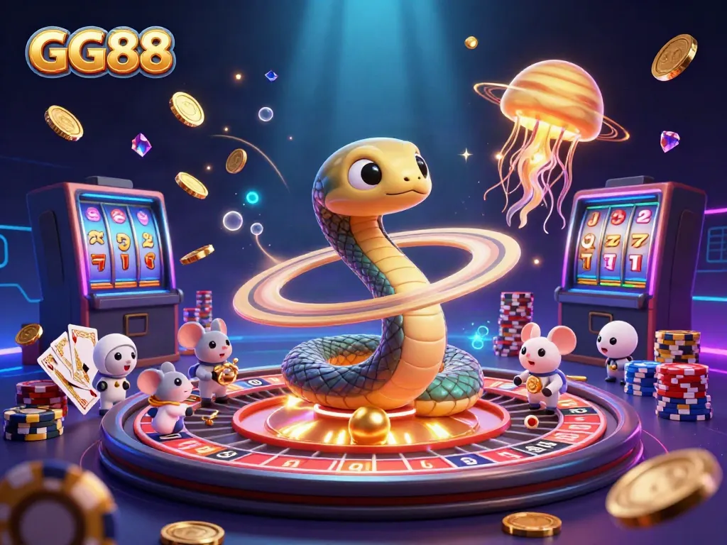 GG88's exciting gaming scene with a Saturn ring snake as a roulette wheel, showcasing vibrant casino elements.