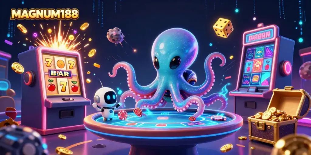 Engage with MAGNUM188's thrilling gaming experience featuring alien characters and dynamic casino elements.