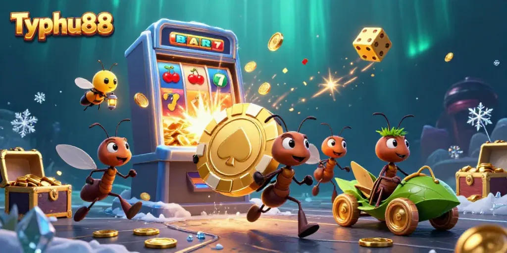 Experience Typhu88 adventures as playful ants heist for a giant poker chip amidst casino riches.