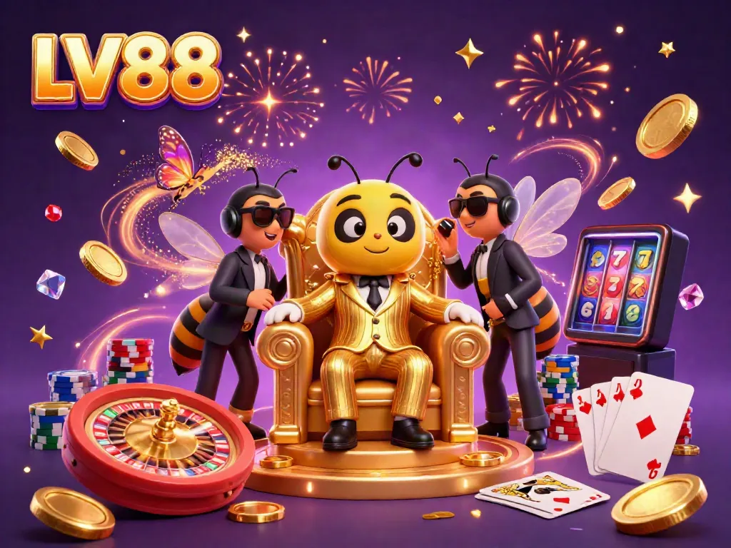 Exciting LV88 casino scene with a mob boss bee and golden rewards, capturing vibrant gambling energy.