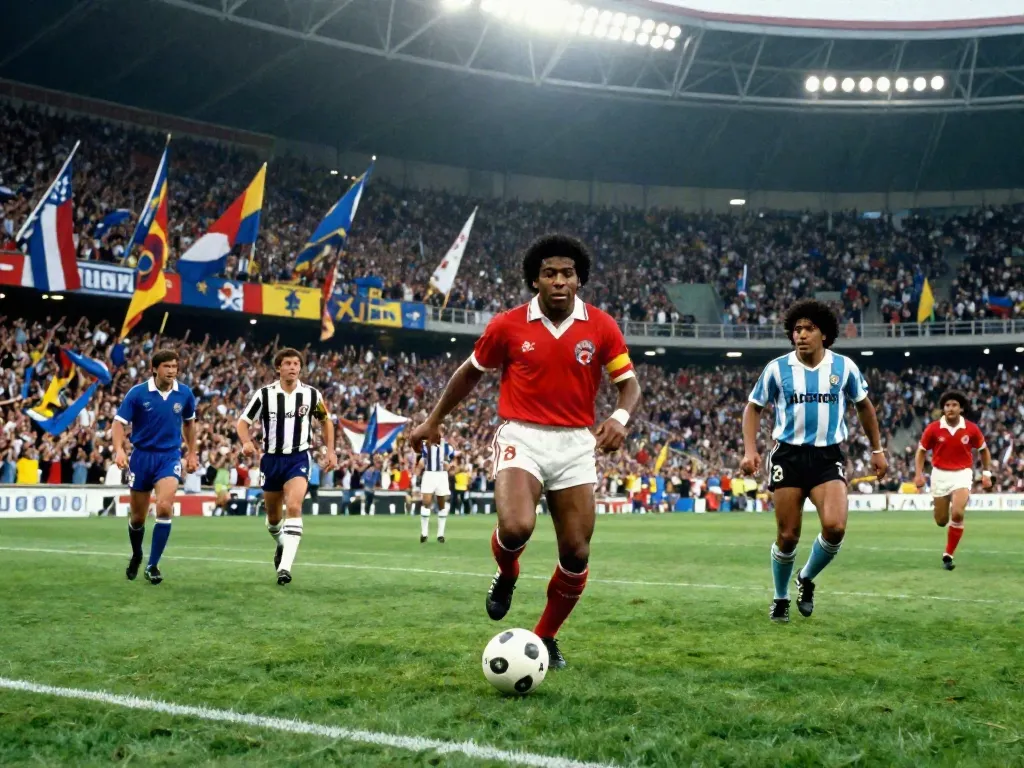 TOP10ตำนานนักเตะ celebrated in a lively stadium with iconic players like Pelé and Maradona showcased in action.