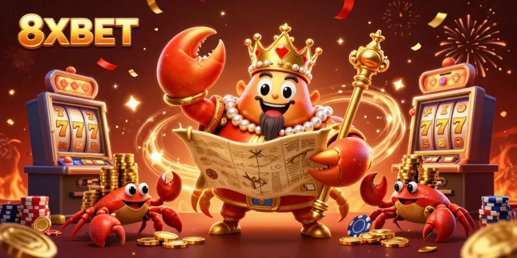 Experience the excitement of 8XBET with a golden crab emperor, stacked poker chips, and dynamic casino elements.