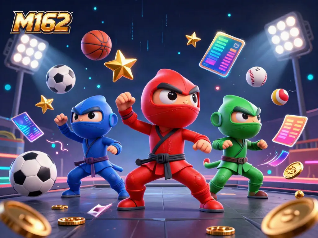 Experience M162 with a dynamic 3D ninja chameleon team showcasing martial arts on a vibrant casino rooftop.