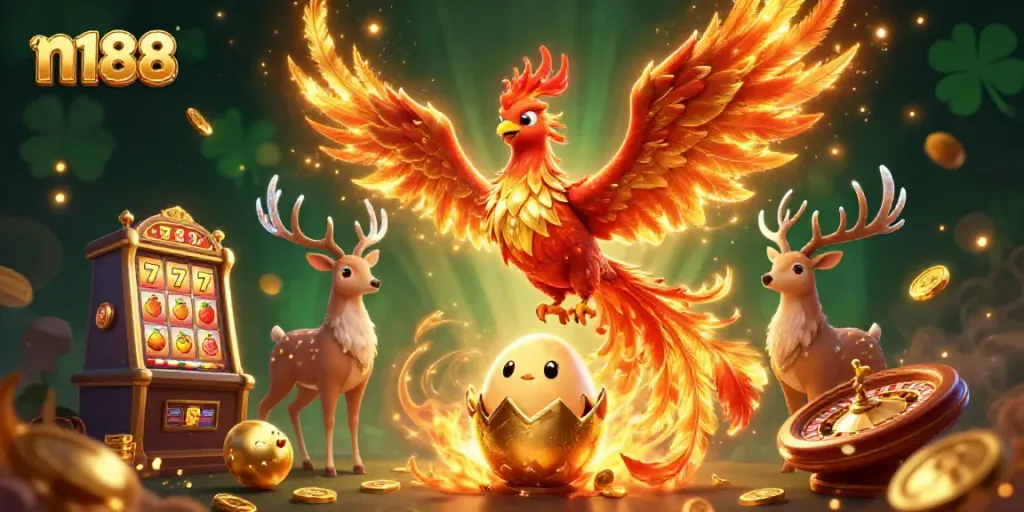 Experience the exhilarating gaming world of n188 with a vibrant fire phoenix and 3D slot elements.