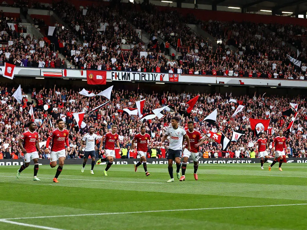 Exciting football match scene of สถิติแมนยู พบ ลิเวอร์พูล with fans cheering passionately in a stadium.