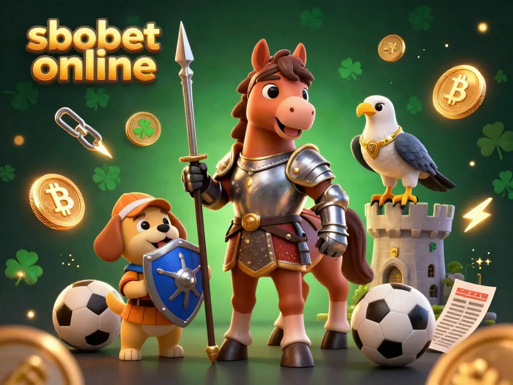 Engage in sbobet online betting with a knight, squire, and falcon surrounded by glowing sports symbols.