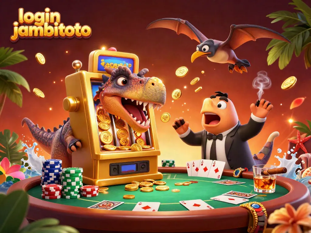 Experience excitement with login jambitoto, where a pachycephalosaurus interacts with a golden slot machine amidst a vibrant casino scene.
