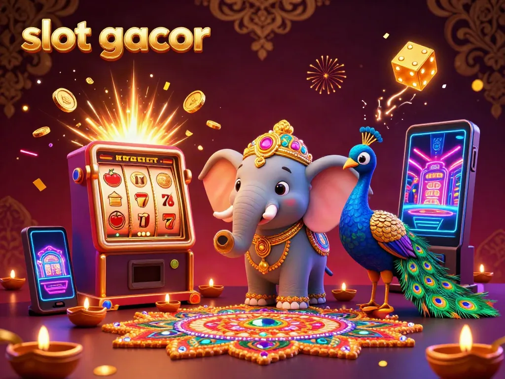 Experience the thrill of slot gacor with vibrant elephant and peacock surrounded by vibrant jackpot elements.