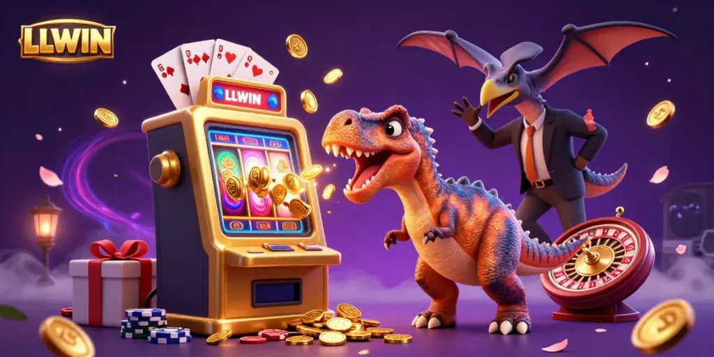 Experience LLWIN with a 3D pachycephalosaurus headbutting a slot machine for jackpot coins in a lively casino scene.