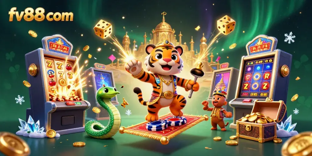 Experience thrilling online gaming with fv88 com, featuring a tiger sultan, jackpot visuals, and casino excitement.