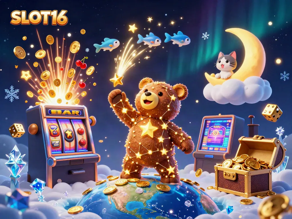 SLOT16 showcases a vibrant casino atmosphere with constellation bear, coins, and glowing slot elements.