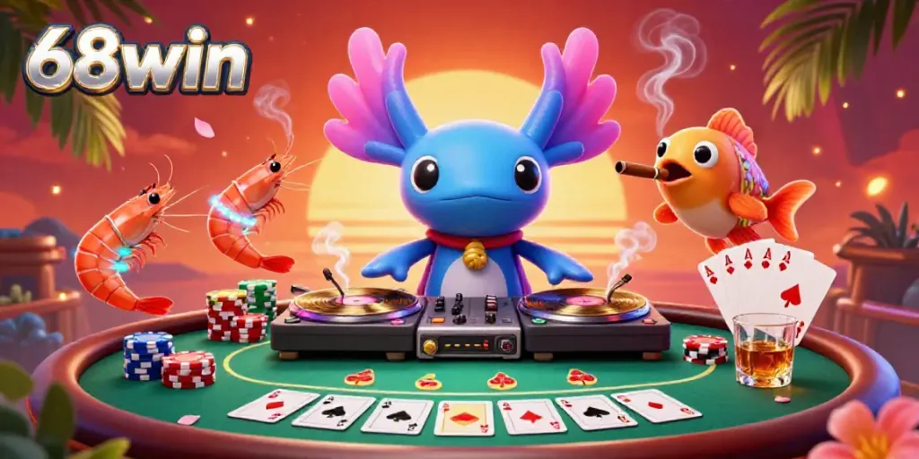 Experience the excitement of 68win with a vibrant underwater casino scene featuring a neon axolotl DJ and poker action.
