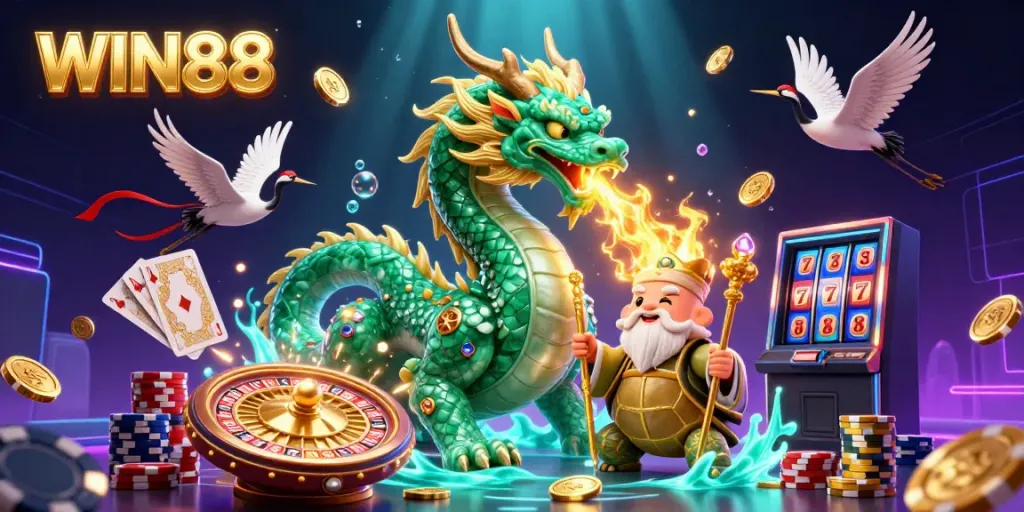 Experience the excitement of WIN88 with a jade dragon and captivating casino elements.