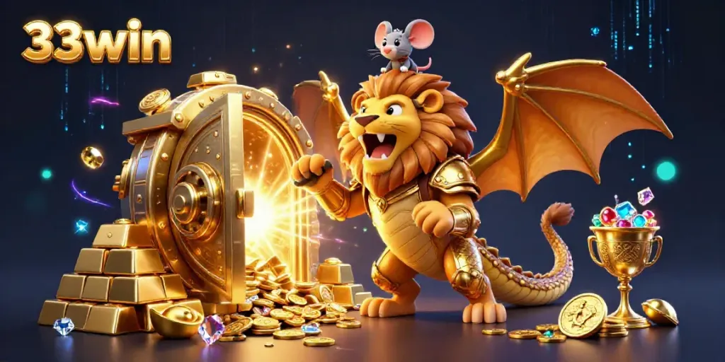 Engaging scene with the 33win chimera character surrounded by golden treasures, illustrating casino excitement.
