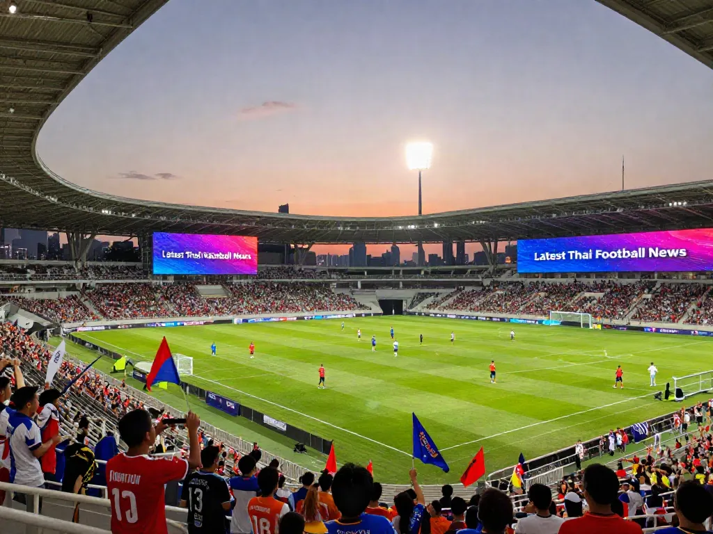Stadium filled with fans celebrating ข่าวฟุตบอลไทย during a vibrant football match.