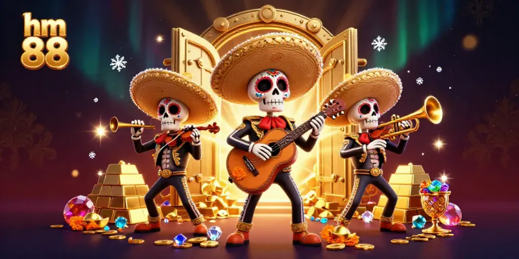Experience the vibrant atmosphere of hm 88 with a dynamic scene showcasing mariachi skeletons amidst treasures.