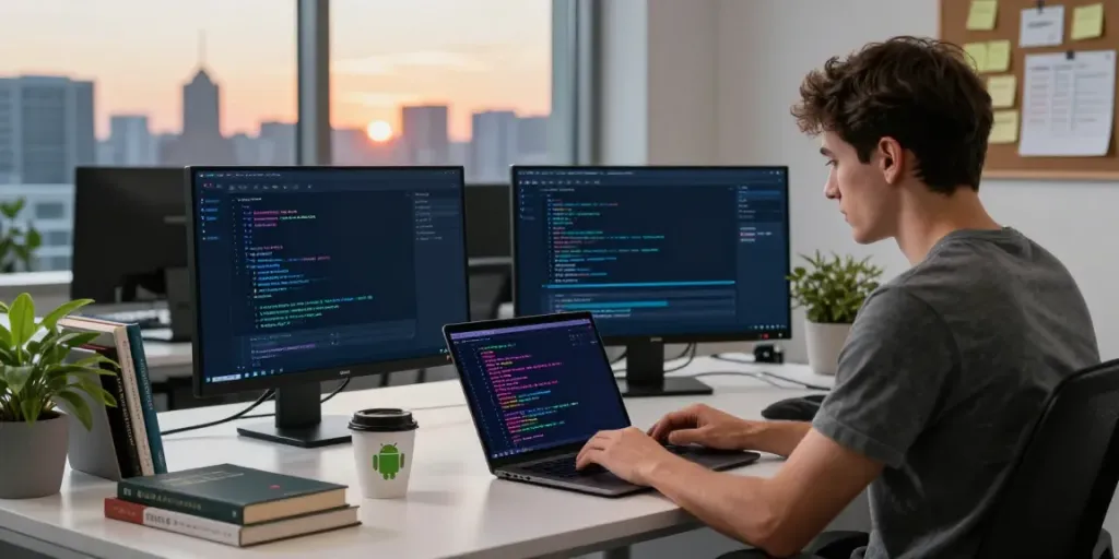 Developer coding an Android application APK in a modern workspace with vibrant terminal displays.