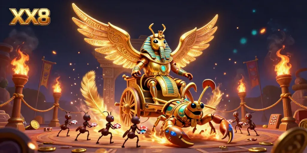 Engage with the XX8 gaming scene featuring a golden scarab beetle chariot amidst atmospheric effects and vibrant elements.