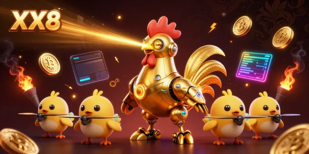 Experience thrilling casino games with XX8 showcasing vibrant 3D robots and crypto elements.
