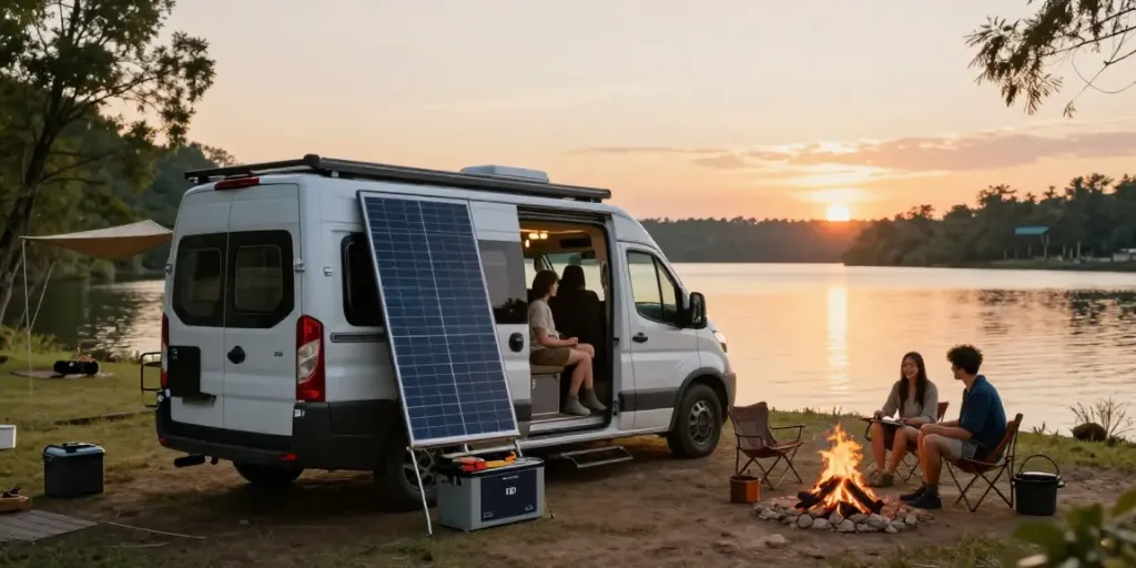 Couple with a lithium battery for RV at sunset by their camper van, enjoying off-grid camping.