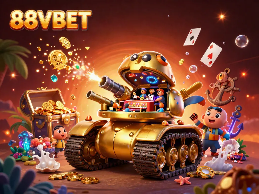 Engage in thrilling games at 88VBET with our unique casino-inspired beetle tank illustration featuring confetti and coins.