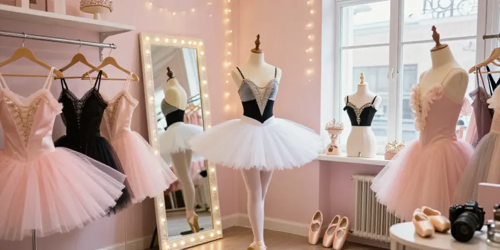 Elegant model showcasing tutu fashion at tutu-store.com in a chic boutique.