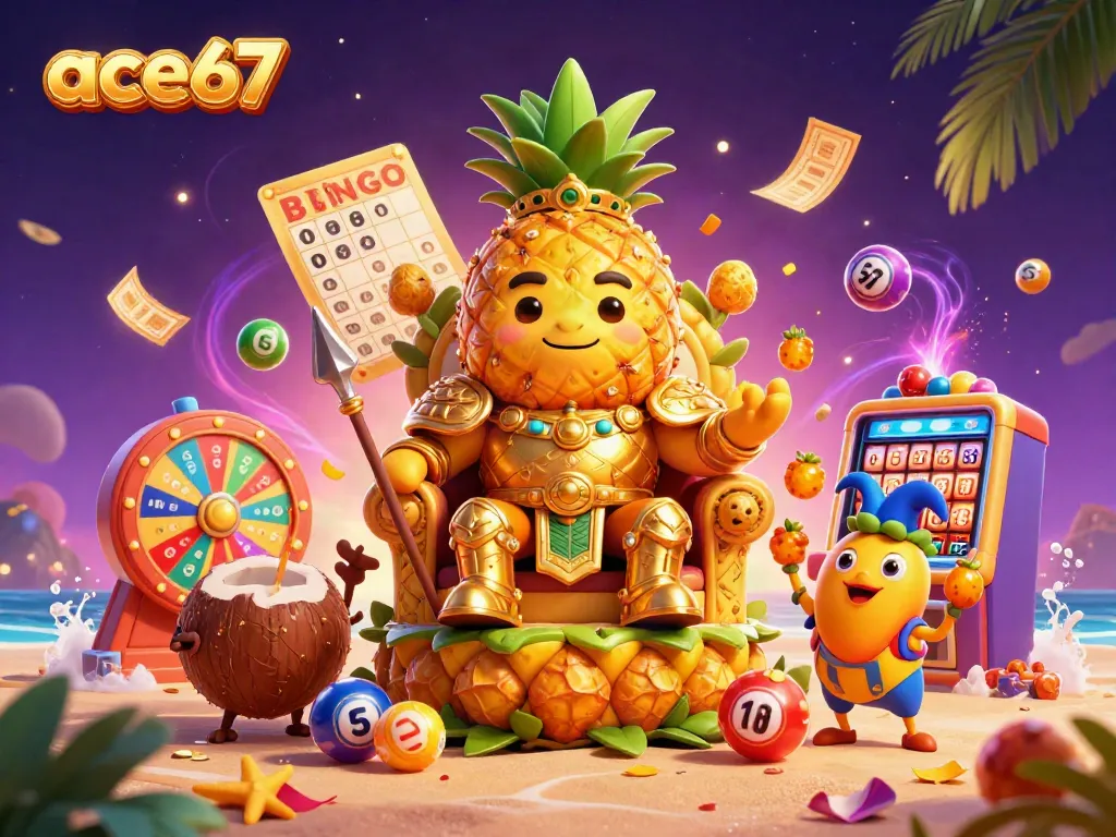 Experience thrilling gameplay action at ace67 with a vibrant casino scene featuring a cartoon pineapple king.