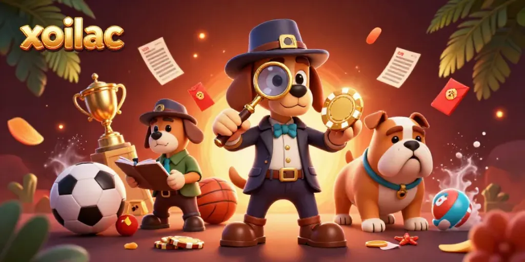 Experience seamless betting at xoilac with a dynamic 3D detective illustration exploring golden poker chips and sports elements.