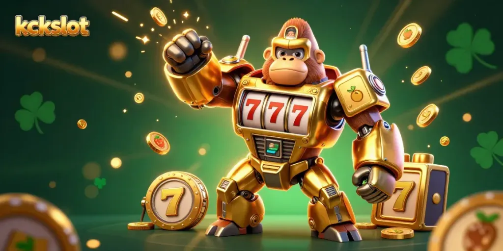 Gorilla mech kckslot mengalahkan slot dengan putaran keberuntungan dan koin emas yang berterbangan.