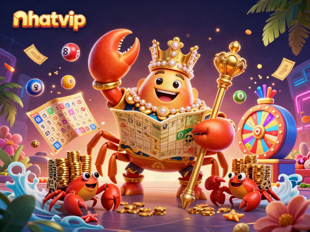 Nhatvip crab emperor leads a vibrant casino scene with colorful lottery balls and golden rewards.