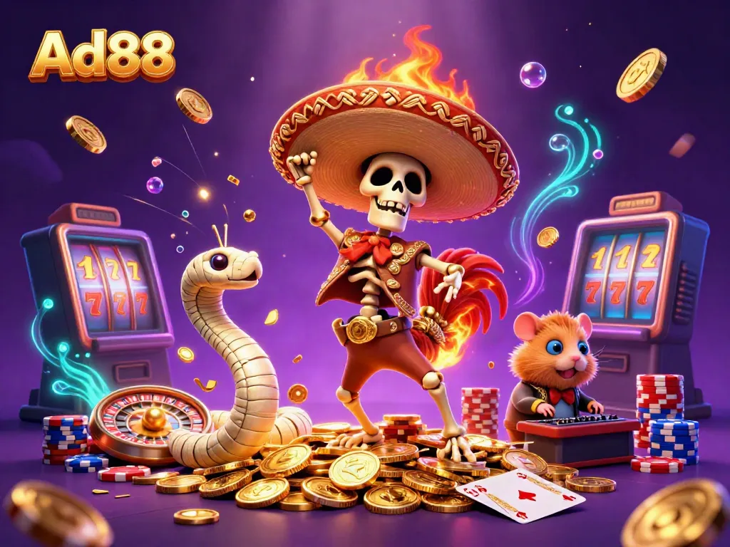 Ad88 casino illustration featuring animated characters celebrating over golden coins with dynamic gaming elements.