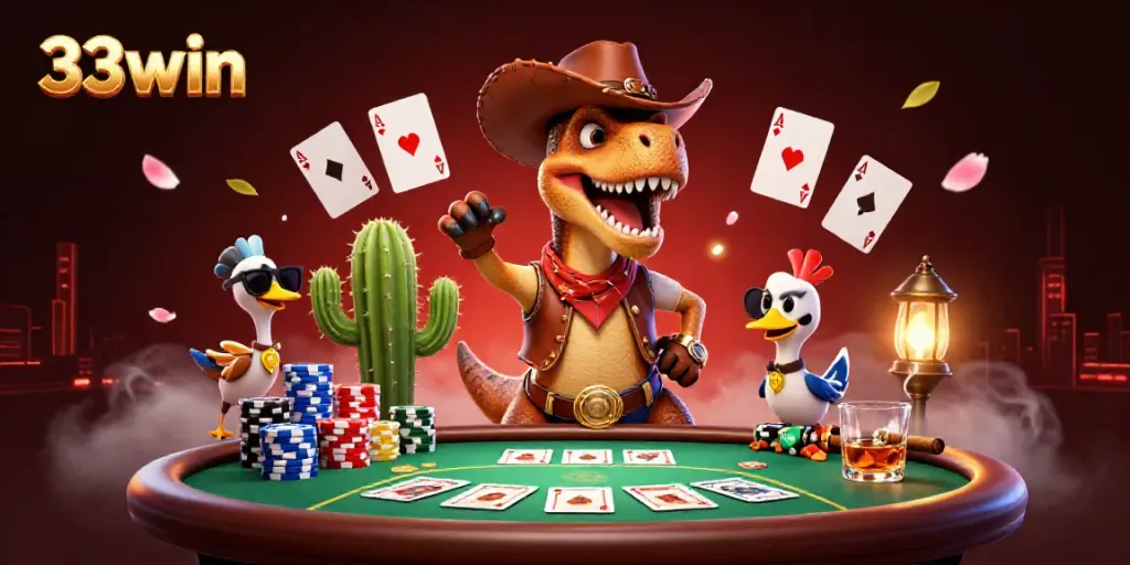 Engage in thrilling gameplay at 33win with intense poker action featuring colorful chips and characters.