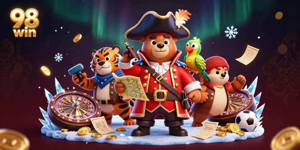 Experience thrilling casino moments with 98 win in a vibrant 3D pirate-themed illustration.
