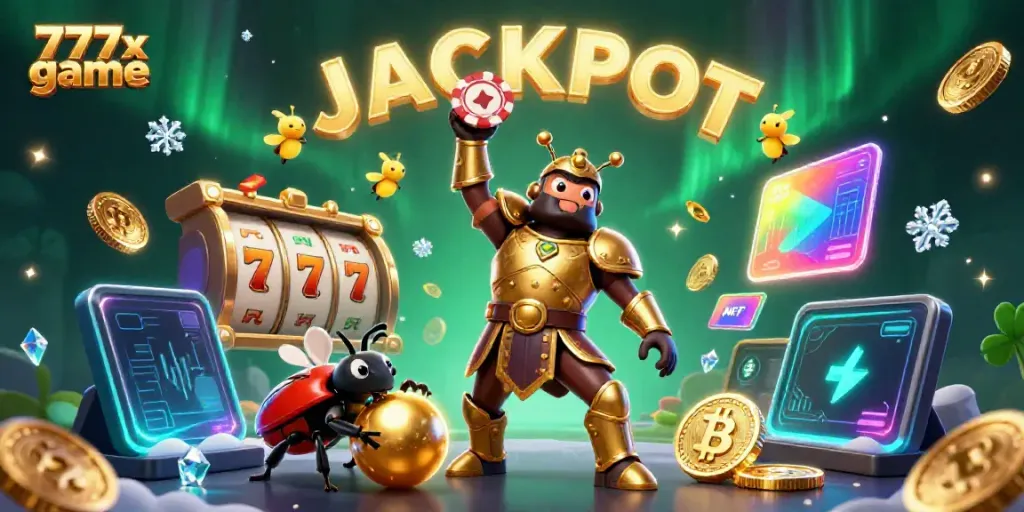 Engage with the 777x game as a victorious beetle celebrates a jackpot amid crypto and casino elements.
